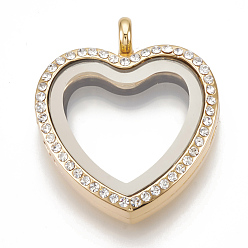 Golden Alloy Magnetic Locket Pendants, with Rhinestone and Glass, Heart, Crystal, Golden, 35x30x8mm, Hole: 4mm, Inner Measure: 20x22mm
