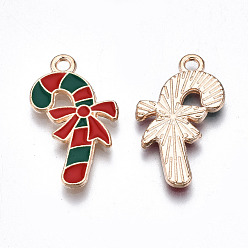 Red Alloy Enamel Pendants, Christmas, Cadmium Free & Lead Free, Candy Cane, Light Gold, Red & Green, 23x12x1.5mm, Hole: 1.8mm