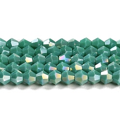 Light Sea Green Opaque Solid Color Electroplate Glass Beads Strands, AB Color Plated, Faceted, Bicone, Light Sea Green, 4x4mm, Hole: 0.8mm, about 87~98pcs/strand, 12.76~14.61 inch(32.4~37.1cm)