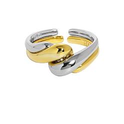 Platinum & Golden 925 Sterling Silver Couple Open Ring, Minimalist Design with Wave Adjustable Rings, Platinum & Golden, Inner Diameter: US Size 5 1/2(16mm), 8.5~10mm