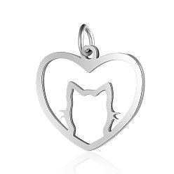 Stainless Steel Color 201 Stainless Steel Filigree Kitten Pendants, Heart with Cat Shape, Stainless Steel Color, 17x20x1mm, Hole: 3mm