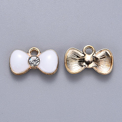 White Alloy Enamel Charms, with Crystal Rhinestone, Bowknot, Light Gold, White, 9x15x2mm, Hole: 1.8mm