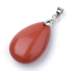 Красный Камень Природные красной яшмы подвески, со сплавочной фурнитурой, слеза, платина, 23~24x14x8 мм, отверстие : 4x5 мм