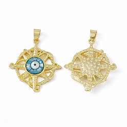 Teal Natural Shell Pendants, Flat Round Charms with Evil Eye, Dyed, with Rack Plating Golden Tone Brass Findings, Long-Lasting Plated, Teal, 33x30x4mm, Hole: 6x4mm