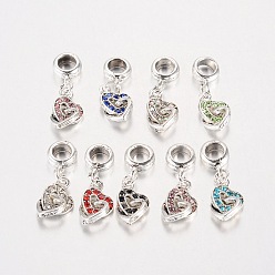 Mixed Color Heart Antique Silver Plated Alloy Rhinestone European Dangle Charms Large Hole Pendants, Mixed Color, 27x9x4.5mm, Hole: 5mm