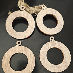 BurlyWood Unfinished Wood Pendant Decorations, Kids Painting Supplies,, Wall Decorations, with Jute Rope, Flat Round, BurlyWood, 67x57x2.5mm, Hole: 4mm, 10pcs/bag