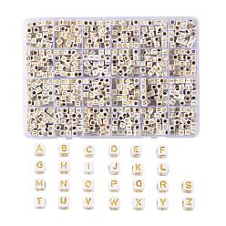Letter A~Z Chapado granos de acrílico, metales enlaced, agujero horizontal, estilo alfabeto, cubo, letra a Z ~, 5.5~6x5.5~6x5.5~6 mm, agujero: 3.5 mm, sobre 934 unidades / caja