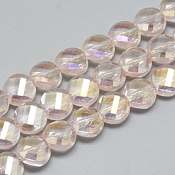 Pink Electroplate Glass Beads Strands, Rainbow Plated, Faceted, Flat Round, Pink, 8x5mm, Hole: 1.2mm, about 69~72pcs/strand, 21.26 inch