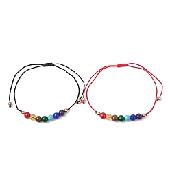 Mixed Stone 2Pcs 2 Color Natural & Synthetic Mixed Gemstone Round Braided Bead Anklets Set, Chakra Theme Adjustable Bracelets with Nylon Cords, Inner Diameter: 1/2~3-3/8 inch(1.4~8.5cm), 1Pc/color