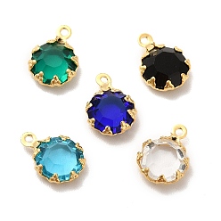 Mixed Color Eco-Friendly Glass Charms, with Brass Findings, Long-Lasting Plated, Cadmium Free & Lead Free, Flat Round, Real 24K Gold Plated, Mixed Color, 9x6.5x3mm, Hole: 1mm