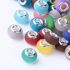 Mixed Color Resin Imitation Cat Eye European Beads, Large Hole Beads, Frosted Style, with Silver Color Plated Brass Cores, Rondelle, Mixed Color, 13.5~14x8.5~9mm, Hole: 5mm