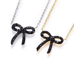 Mixed Color 304 Stainless Steel Pendant Necklaces, with Enamel and Rhinestones, Bowknot, Black, Mixed Color, 18.50 inch(47cm), 1.5mm