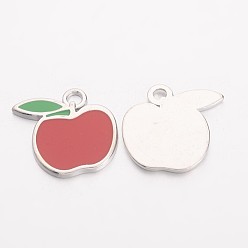 Red Alloy Enamel Pendants, Cadmium Free & Lead Free, Apple, Platinum, Red, about 24mm long, 23mm wide, 1.5mm thick, hole: 3.5mm