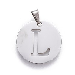 Letter L 201 Stainless Steel Pendants, Flat Round with Letter, Stainless Steel Color, Letter.L, 24.5x19.7x1.3mm, Hole: 4x3mm