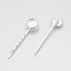 Silver Hair Accessories, Iron Hair Bobby Pin Findings, with Filigree Flower Cabochon Bezel Settings, Silver Color Plated, Tray: 12mm, 61x17x8mm