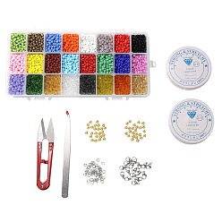 Mixed Color DIY Stretch Jewelry Sets Kits, include Glass Seed Beads, Stainless Steel Needles & Scissors & Beading Tweezers & Lobster Claw Clasps, Alloy Spacer Beads, Mixed Color, Seed Beads: 4mm, Hole: 1.5mm, about , 4800pcs/box