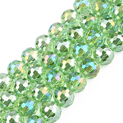 Vert Clair Plaquent verre transparent perles brins, couleur ab , facette, ronde, vert clair, 9.5x9mm, Trou: 1.2mm, Environ 69 pcs/chapelet, 24.41 pouce (62 cm)