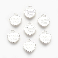 Silver Tibetan Style Alloy Charms, Heart with Word Thank you, Lead Free & Cadmium Free, Silver, 12x11x2mm, Hole: 1.5mm