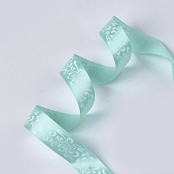 Turquoise Single Face Satin Ribbon, Polyester Ribbon, Flower Pattern, Turquoise, 1 inch(25mm), about 50yards/roll(45.72m/roll)