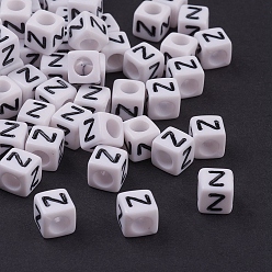 Letter Z Perles de lettre de trou horizontal acrylique, cube, blanc, lettre z, taille:  Largeur environ 6mm, Longueur 6mm, hauteur de 6 mm , trou: environ 3.2 mm, environ2600 pcs / 500 g