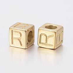 Doré  304 Perles en acier inoxydable grand trou lettre européenne, trou horizontal, cube avec letter.r, or, 8x8x8mm, Trou: 5mm