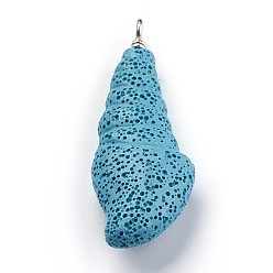 Sky Blue Synthetic Lava Rock Pendants, with Iron Findings, Dyed, Sea Snail, Sky Blue, 70.5~72.5x24.5~25x13~14mm, Hole: 4mm