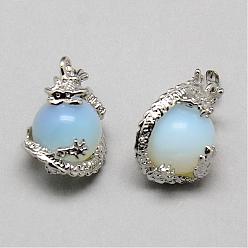 Platinum Opalite Pendants, with Alloy Findings, Round, Platinum, 27~28x20x17mm, Hole: 5x3mm