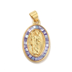 Mauve Brass Charms, with Shell, Cadmium Free & Lead Free, Long-Lasting Plated, Oval with Virgin Mary, Real 18K Gold Plated, Mauve, 22.5x14x3.5mm, Hole: 3.5x3mm