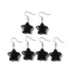 Obsidian Natural Obsidian Star Dangle Earrings, Platinum Brass Jewelry for Women, 41.5mm, Pin: 0.7mm