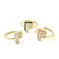 Letter F Mixed Color Enamel Initial Letter Adjustable Ring with Clear Cubic Zirconia, Real 18K Gold Plated Brass Jewelry for Women, Cadmium Free & Lead Free, Letter.F, US Size 5 1/4(16mm), Letter.F: 13x10mm