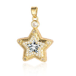 Real 18K Gold Plated Brass Micro Pave Cubic Zirconia Pendants, Star Charms, Real 18K Gold Plated, 24x19x6mm