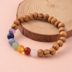 Mixed Stone Round Wood Beaded Stretch Bracelets, with Natural Gemstone Beads, 61mm