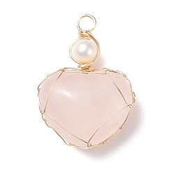 Rose Quartz Natural Rose Quartz & Freshwater Pearl Pendants, with Real 18K Gold Plated Copper Wire Wrapped, Heart, 33~36.5x24.5x8.5~11.5mm, Hole: 4mm