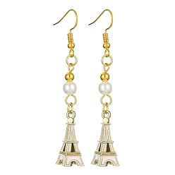 Misty Rose Alloy Enamel Eiffel Tower Dangle Earrings with Imitation Pearl Beaded, Golden Long Drop Earrings with Iron Earring Pins, Misty Rose, 64x9mm