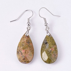 Unakite Natural Unakite Dangle Earrings, with Brass Findings, teardrop, Faceted, Platinum, 45~49mm, Pin: 0.7mm, Pendant: 24~26x13x6~7mm