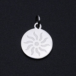 Stainless Steel Color 201 Stainless Steel Charms, with Jump Rings, Flat Round with Sun, Stainless Steel Color, 14.5x12x1mm, Hole: 3mm