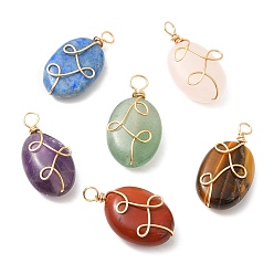 Mixed Stone 6Pcs Natural Mixed Gemstone Pendants, Oval Charms with Eco-Friendly Light Gold Plated Copper Wire Wrapped, 17.5~18.5x9~9.5x4.5~6mm, Hole: 1.8mm