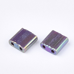 Purple 2-Hole Glass Seed Beads, Rainbow Plated, Square, Purple, 5x4.5~5.5x2~2.5mm, Hole: 0.5~0.8mm