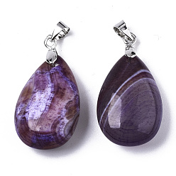 Banded Agate Natural Banded Agate Pendants, with Stainless Steel Pinch Bails, Dyed, Teardrop, Stainless Steel Color, 24x15x9~10mm, Hole: 5x4mm