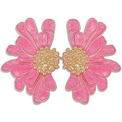 Pink Vintage Flower Stud Earrings for Women, Alloy Enamel Half Flower Stud Earrings, Summer Earrings Boho Beach Floral Stud Earrings, Jewelry Gifts for Women, Pink, 50.5~51x33.5~34mm, Pin: 0.6mm