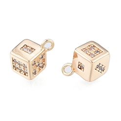 Real 18K Gold Plated Brass Micro Pave Clear Cubic Zirconia Charms, Cadmium Free & Nickel Free & Lead Free, Dice, Real 18K Gold Plated, 10x8x8mm, Hole: 1.2mm