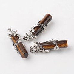 Tiger Eye Tube Natural Tiger Eye Pendants, with Dragon Brass Findings, Platinum, 48x15x10mm, Hole: 7x5mm