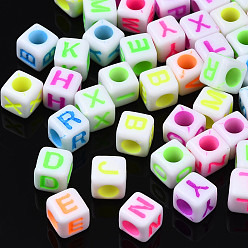 Letter Ремесло стиль акриловые бусины, кубические, разноцветные, случайные смешанные буквы, 6x6x6 мм, отверстие : 3 мм, Около 2995 шт / 500 г