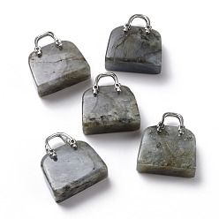 Labradorite Natural Labradorite Brass Pendants, Platinum, Bag, 27.5x25x10mm, Hole: 6mm