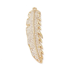 Real 18K Gold Plated Rack Plating Brass Micro Pave Clear Cubic Zirconia Big Pendants, Feather Charms, Long-Lasting Plated, Cadmium Free & Lead Free, Real 18K Gold Plated, 51x13x2.5mm, Hole: 1.8mm