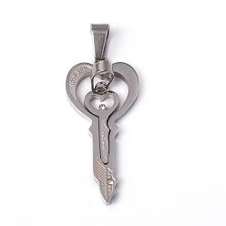 Stainless Steel Color 304 Stainless Steel Spray Painted Pendants, Couple Pendants, Skeleton key, with Rhinestone, For Valentine's Day, Stainless Steel Color, 39x18x2.5mm, 22x9x2mm, Hole: 4x7mm