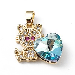Sky Blue Real 18K Gold Plated Rack Plating Brass Micro Pave Cubic Zirconia Pendants, with Glass, Long-Lasting Plated, Cadmium Free & Lead Free, Cat with Heart, Sky Blue, 21x19.5x7.5mm, Hole: 3.5x5mm