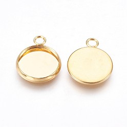 Real 24K Gold Plated 304 Stainless Steel Pendant Cabochon Settings, Plain Edge Bezel Cups, Flat Round, Real 24k Gold Plated, Tray: 12mm, 18x14x2mm, Hole: 2.4mm