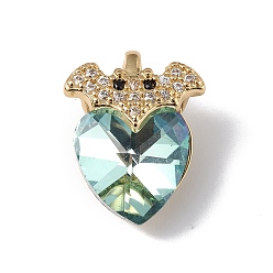 Pale Turquoise Real 18K Gold Plated Rack Plating Brass Micro Pave Clear Cubic Zirconia Pendants, with Glass, Long-Lasting Plated, Cadmium Free & Lead Free, Bat with Heart Charm, Pale Turquoise, 18x14x9.5mm, Hole: 5x3mm