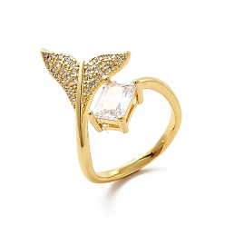 Настоящее золото 18K Открытое кольцо-манжета в форме китового хвоста из прозрачного кубического циркония, украшения из латуни для женщин, реальный 18 k позолоченный, размер США 6 (16.5 мм)